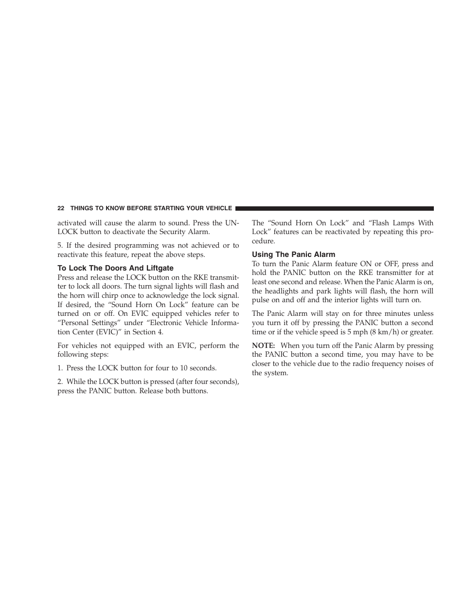 To lock the doors and liftgate, Using the panic alarm | Dodge 2008 PM Caliber User Manual | Page 24 / 402