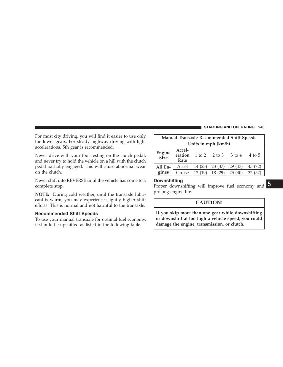 Recommended shift speeds, Downshifting | Dodge 2008 PM Caliber User Manual | Page 245 / 402