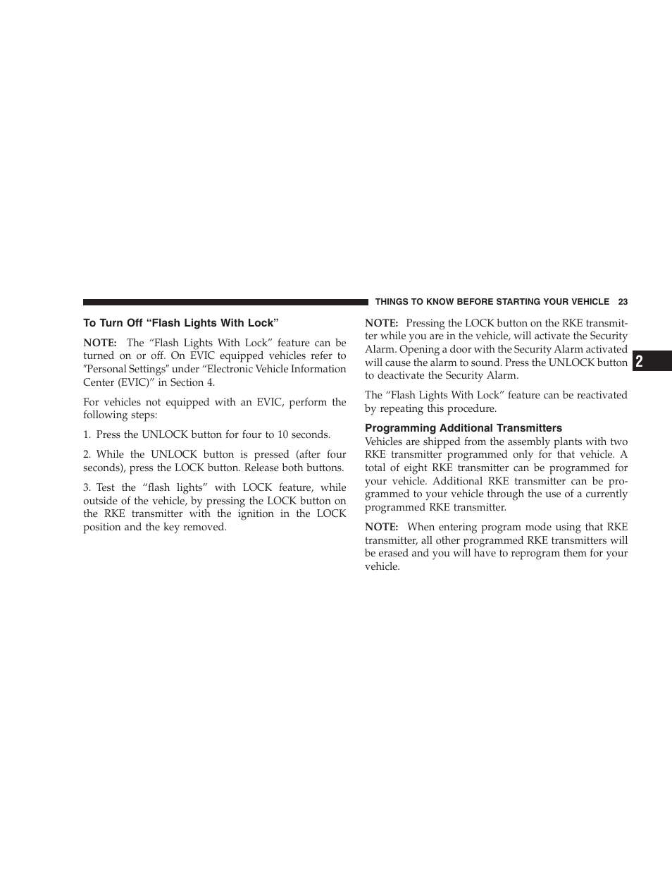 To turn off flash lights with lock, Programming additional transmitters, To turn off “flash lights with lock | Dodge 2008 PM Caliber User Manual | Page 25 / 402