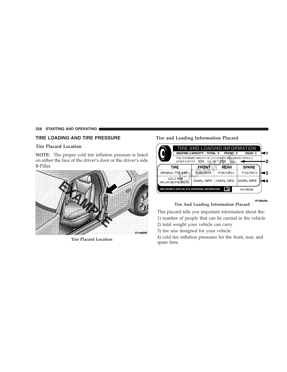 Tire loading and tire pressure | Dodge 2008 PM Caliber User Manual | Page 260 / 402