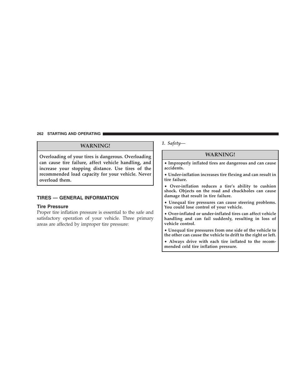 Tires - general information, Tire pressure, Tires — general information | Dodge 2008 PM Caliber User Manual | Page 264 / 402