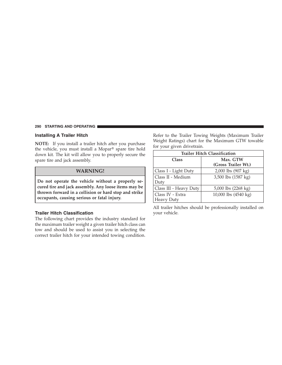 Installing a trailer hitch, Trailer hitch classification | Dodge 2008 PM Caliber User Manual | Page 292 / 402