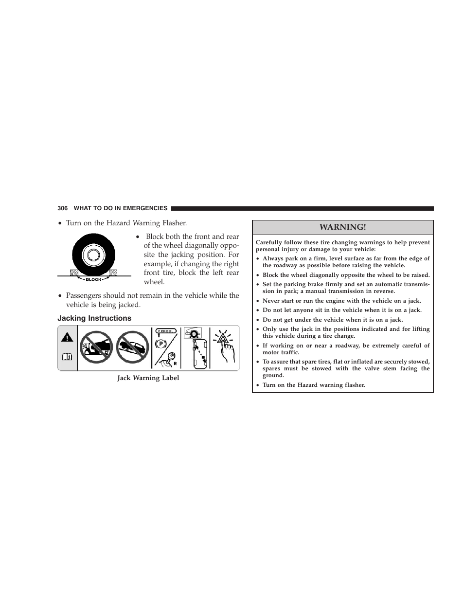 Jacking instructions, Warning | Dodge 2008 PM Caliber User Manual | Page 308 / 402