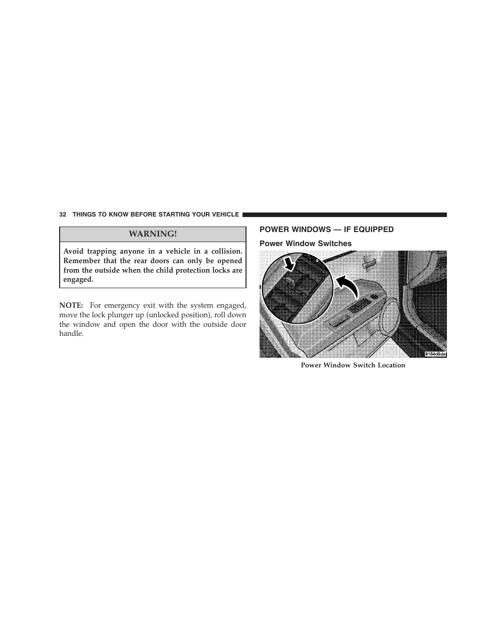 Power windows - if equipped, Power window switches, Power windows — if equipped | Dodge 2008 PM Caliber User Manual | Page 34 / 402