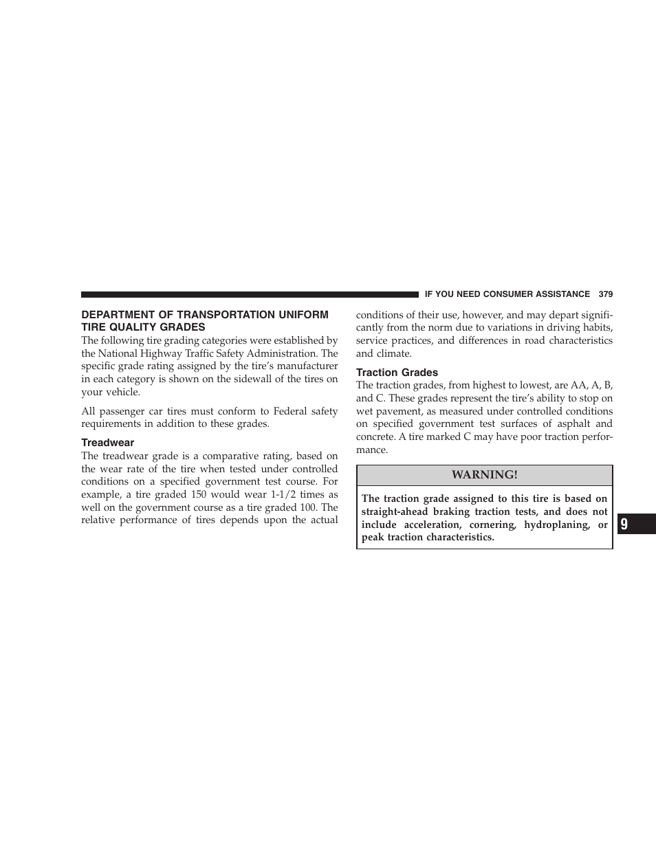 Treadwear, Traction grades, Department of transportation uniform tire | Quality grades | Dodge 2008 PM Caliber User Manual | Page 381 / 402