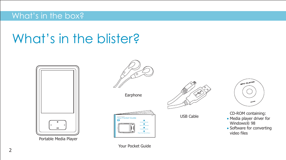 What’s in the blister, What’s in the box, M03 portable media player | Curtis SMPK4233 User Manual | Page 4 / 28