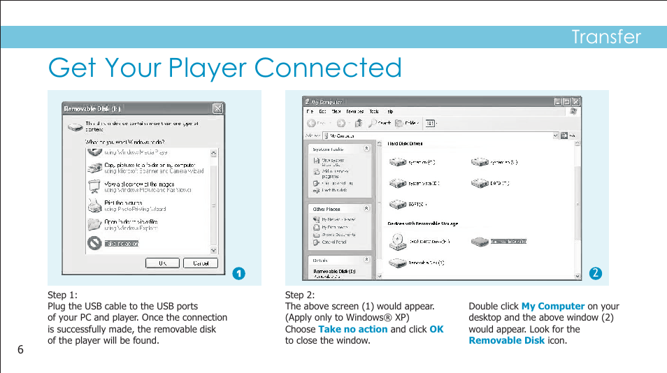 Get your player connected, Transfer | Curtis SMPK4233 User Manual | Page 8 / 28