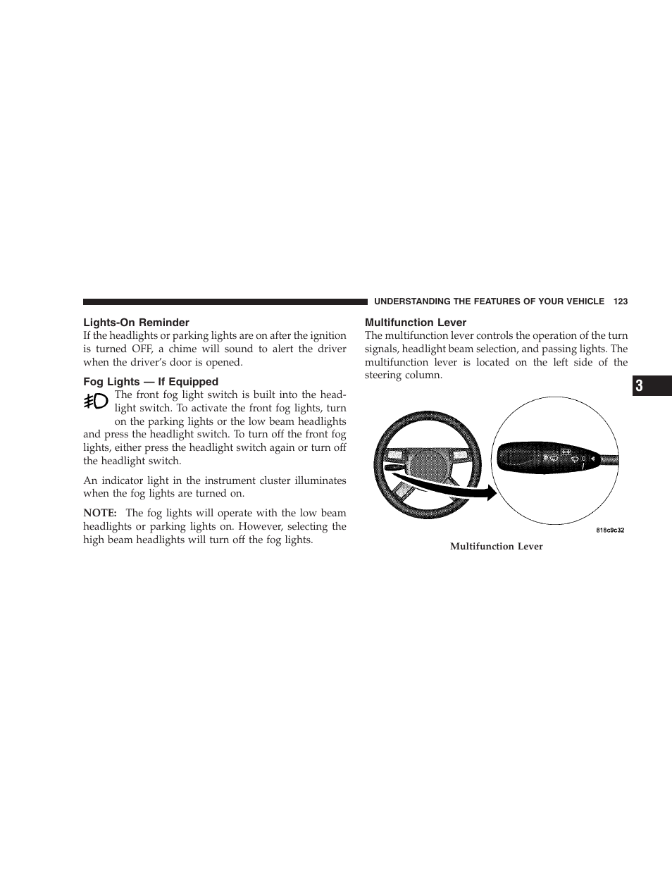 Lights-on reminder, Fog lights - if equipped, Multifunction lever | Fog lights — if equipped | Dodge CHALLENGER 2009 User Manual | Page 125 / 461