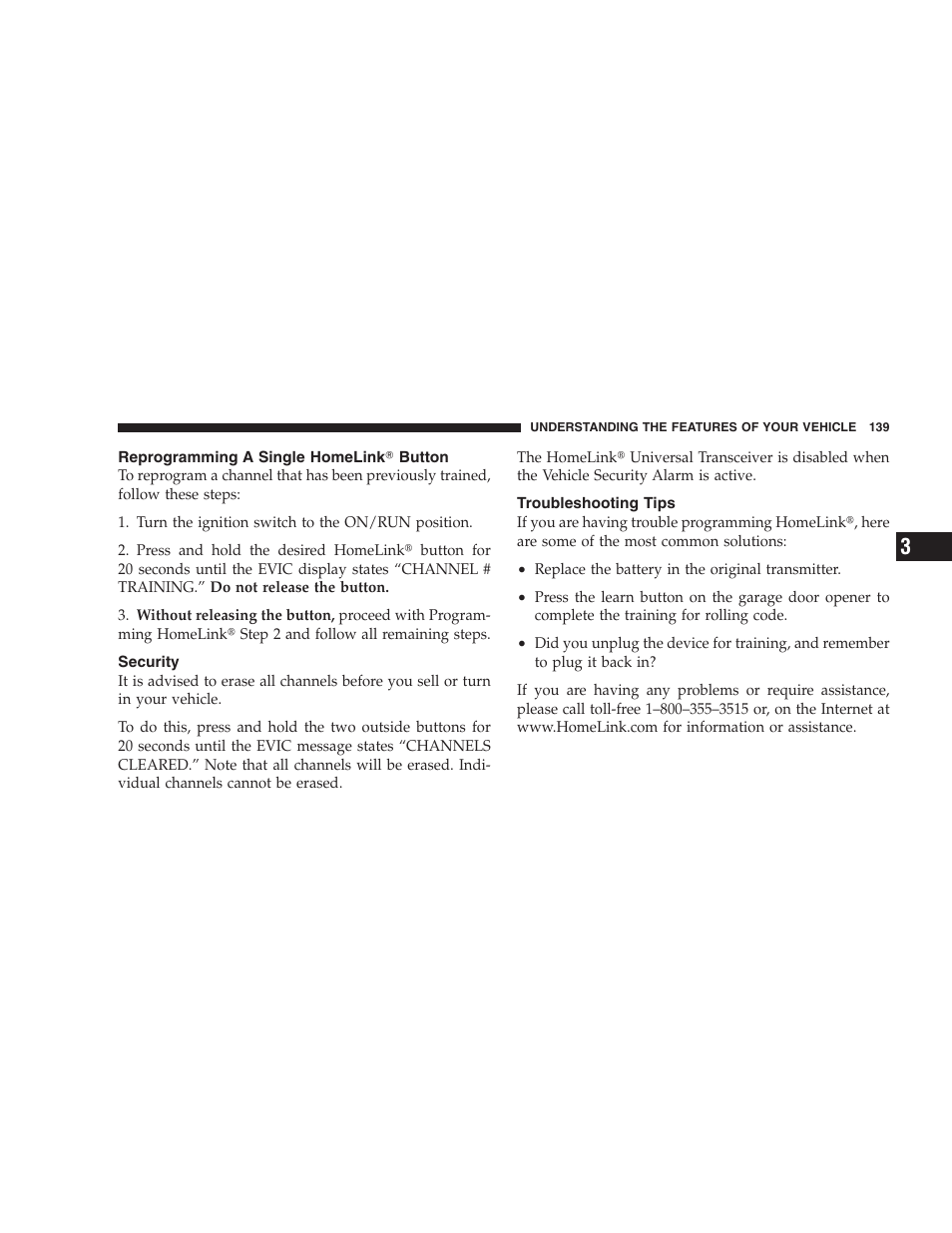 Reprogramming a single homelink button, Security, Troubleshooting tips | Reprogramming a single homelink, Button | Dodge CHALLENGER 2009 User Manual | Page 141 / 461