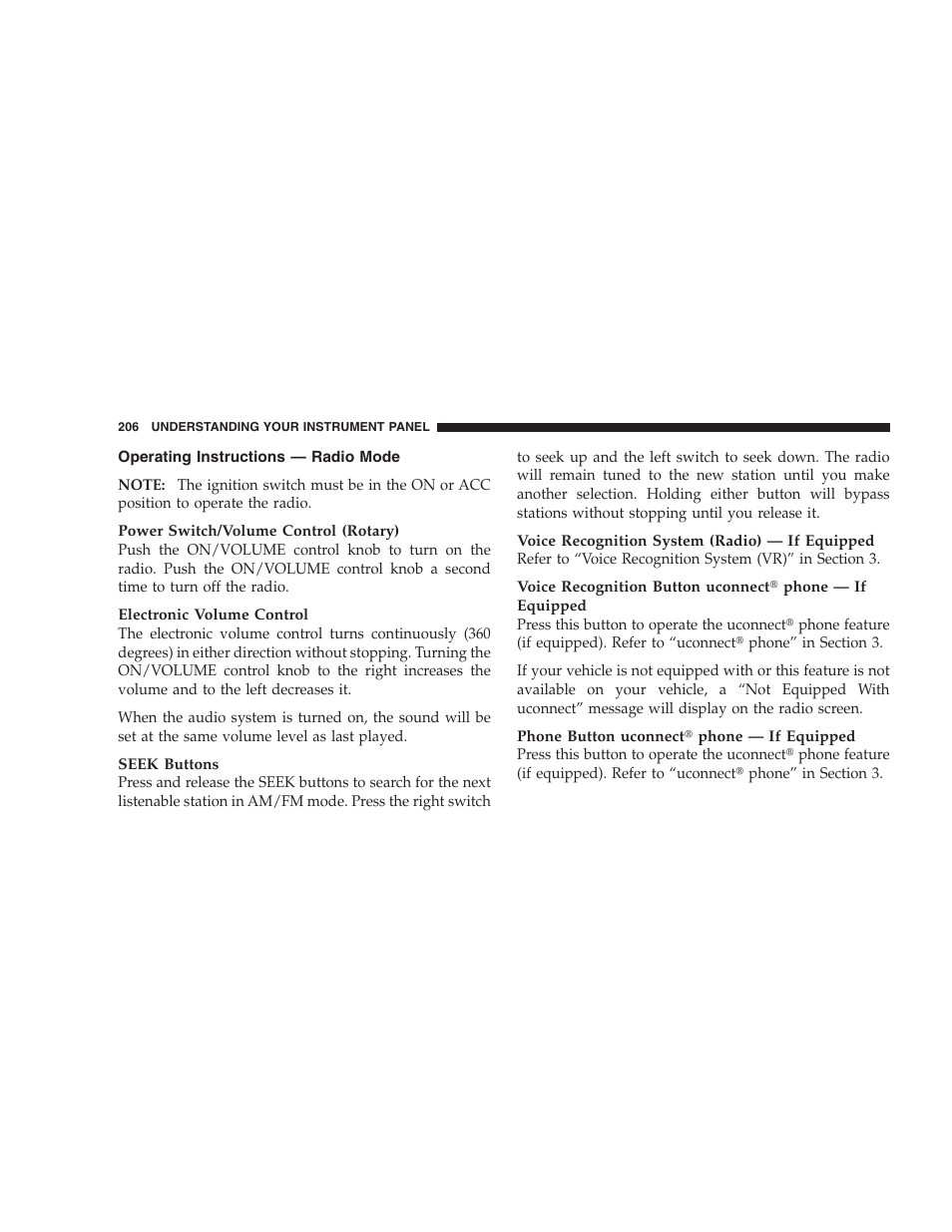 Operating instructions - radio mode, Operating instructions — radio mode | Dodge CHALLENGER 2009 User Manual | Page 208 / 461