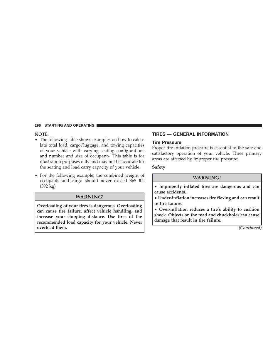 Tires - general information, Tire pressure | Dodge CHALLENGER 2009 User Manual | Page 298 / 461