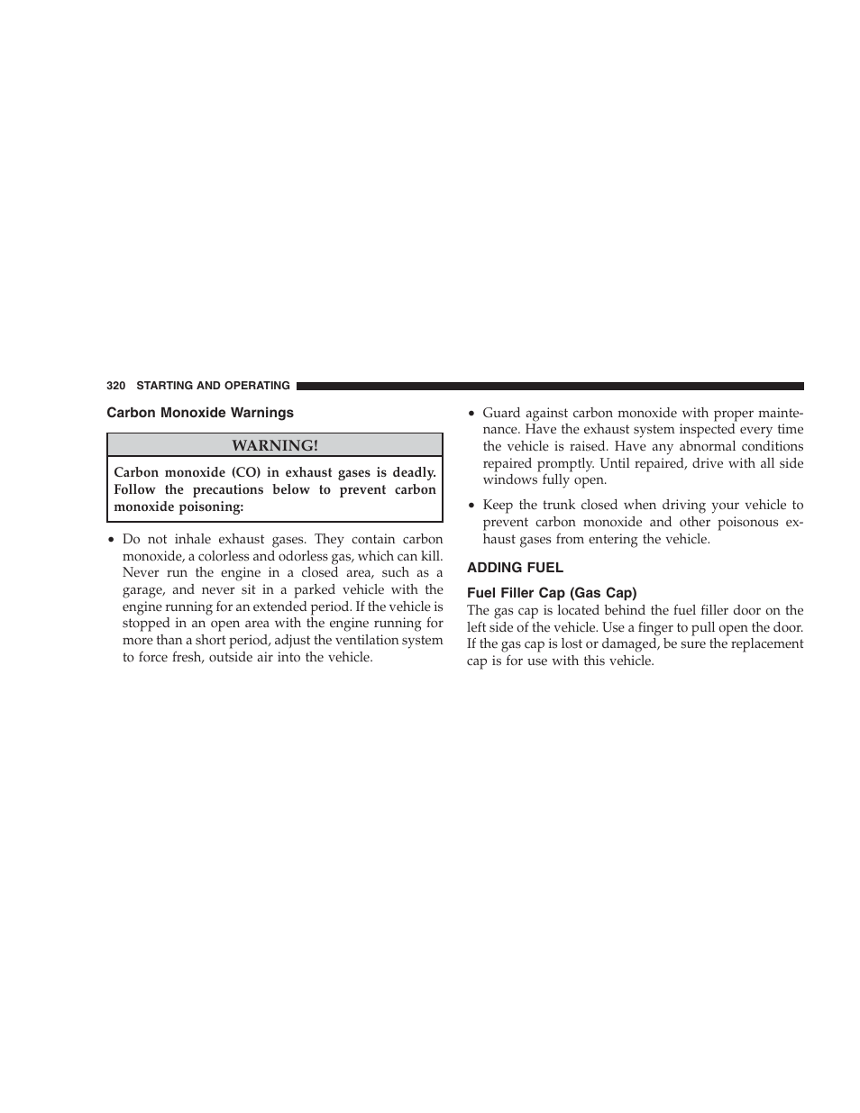 Carbon monoxide warnings, Adding fuel, Fuel filler cap (gas cap) | Dodge CHALLENGER 2009 User Manual | Page 322 / 461