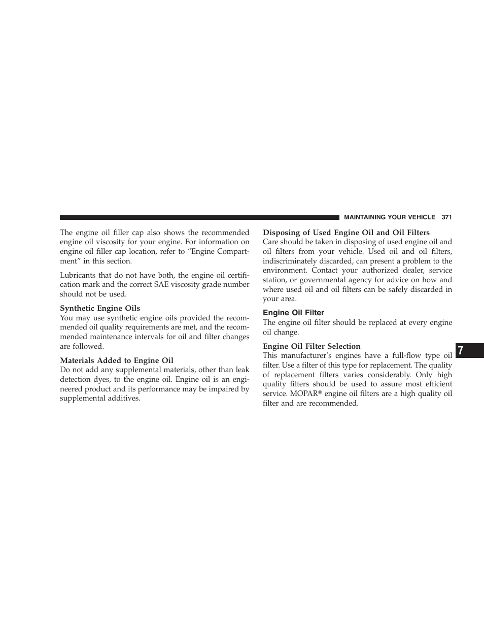 Engine oil filter | Dodge CHALLENGER 2009 User Manual | Page 373 / 461