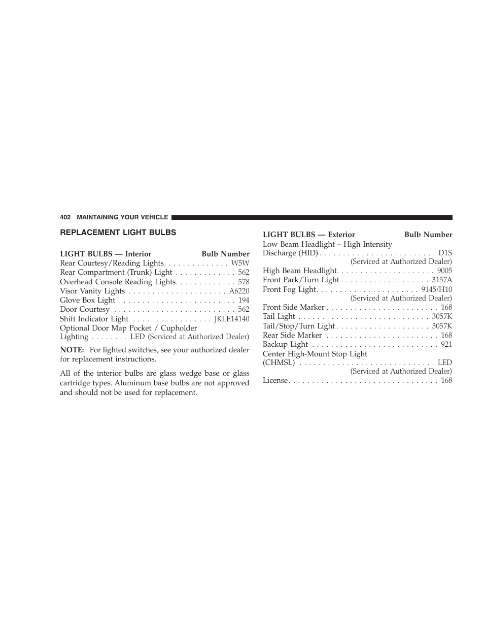 Replacement light bulbs | Dodge CHALLENGER 2009 User Manual | Page 404 / 461