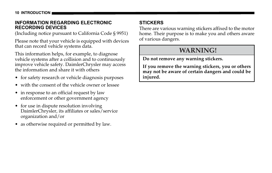 Information regarding electronic recording devices, Stickers, Warning | Dodge 2006 Sprinter Cargo User Manual | Page 10 / 330