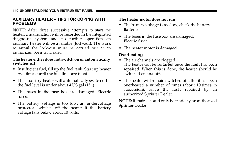 Auxiliary heater – tips for coping with problems, Overheating | Dodge 2006 Sprinter Cargo User Manual | Page 140 / 330