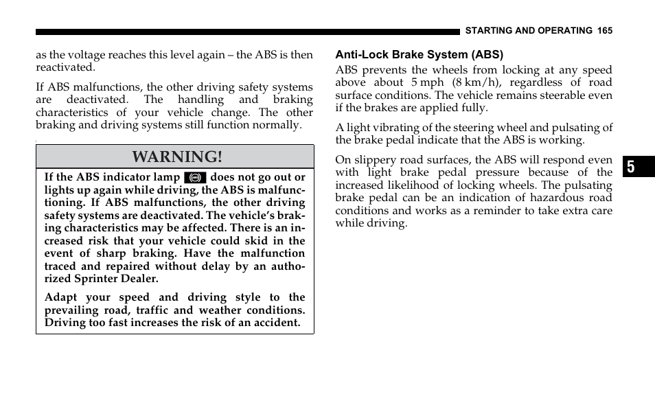 Anti-lock brake system (abs), Warning | Dodge 2006 Sprinter Cargo User Manual | Page 165 / 330