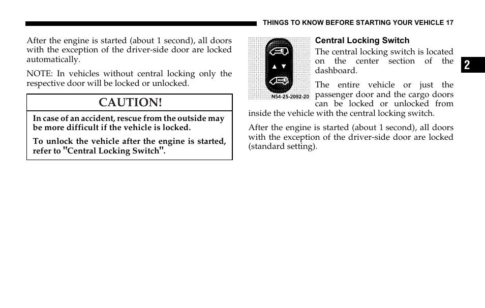 Central locking switch, Caution | Dodge 2006 Sprinter Cargo User Manual | Page 17 / 330