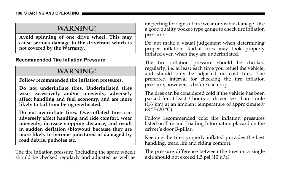 Recommended tire inflation pressure, Warning | Dodge 2006 Sprinter Cargo User Manual | Page 186 / 330