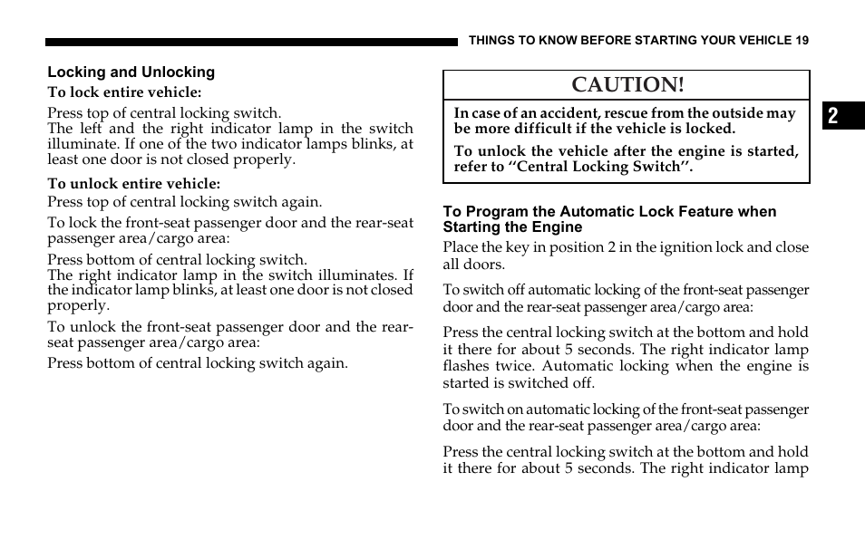 Locking and unlocking, Caution | Dodge 2006 Sprinter Cargo User Manual | Page 19 / 330