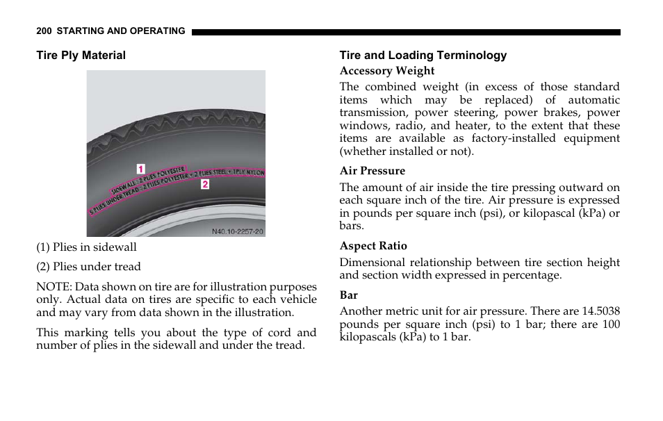 Tire ply material, Tire and loading terminology | Dodge 2006 Sprinter Cargo User Manual | Page 200 / 330