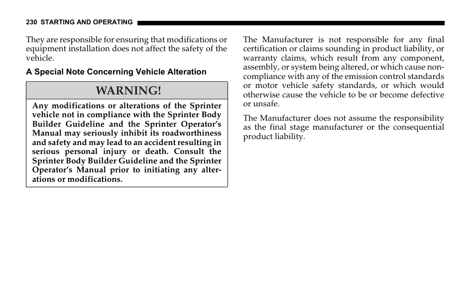 A special note concerning, Vehicle alteration, Warning | Dodge 2006 Sprinter Cargo User Manual | Page 230 / 330