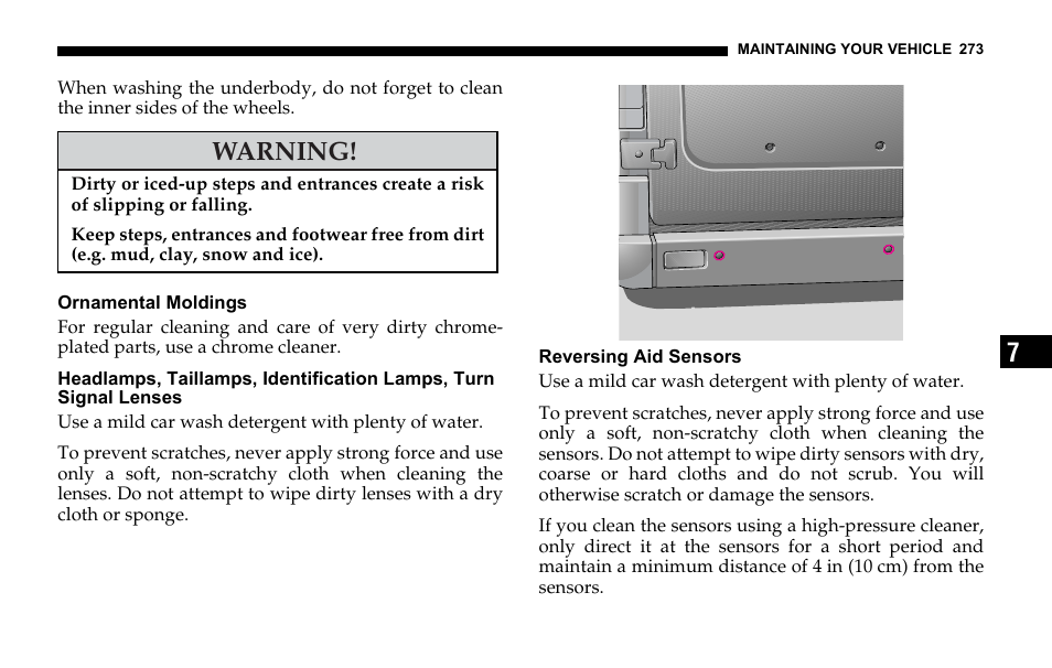 Ornamental moldings, Reversing aid sensors, Warning | Dodge 2006 Sprinter Cargo User Manual | Page 273 / 330