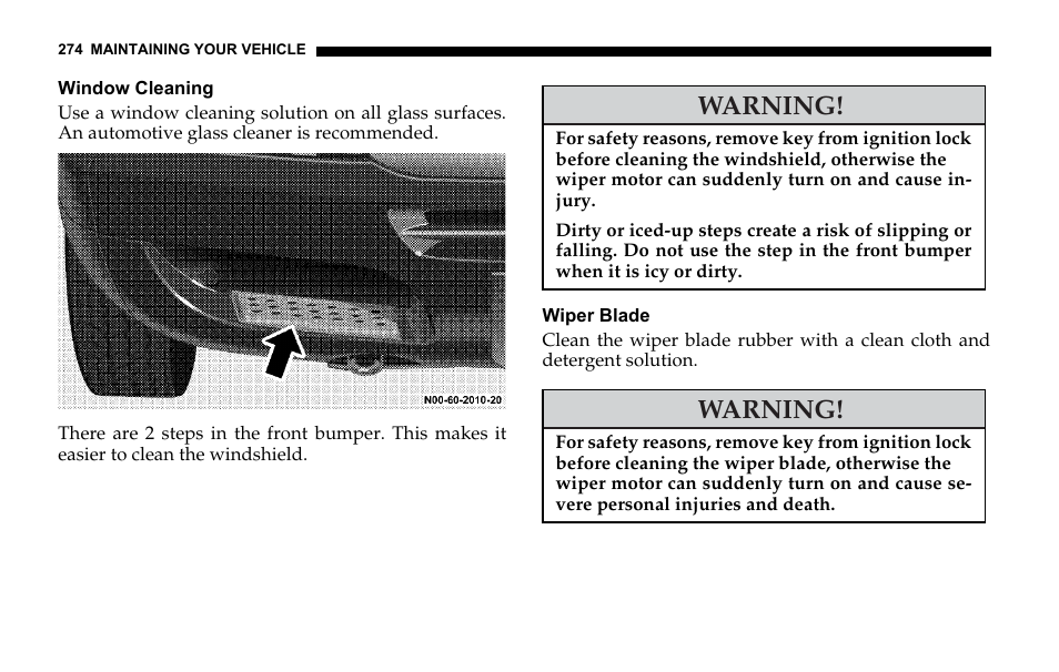 Window cleaning, Wiper blade, Warning | Dodge 2006 Sprinter Cargo User Manual | Page 274 / 330