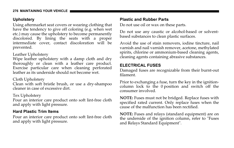 Upholstery, Hard plastic trim items, Plastic and rubber parts | Electrical fuses | Dodge 2006 Sprinter Cargo User Manual | Page 276 / 330