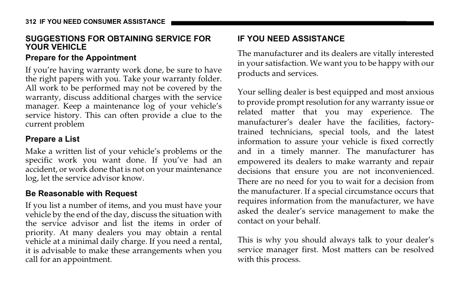 Suggestions for obtaining service for your vehicle, Prepare for the appointment, Prepare a list | Be reasonable with request, If you need assistance | Dodge 2006 Sprinter Cargo User Manual | Page 312 / 330