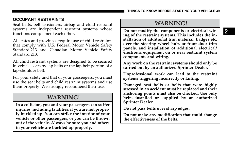Occupant restraints, Warning | Dodge 2006 Sprinter Cargo User Manual | Page 39 / 330