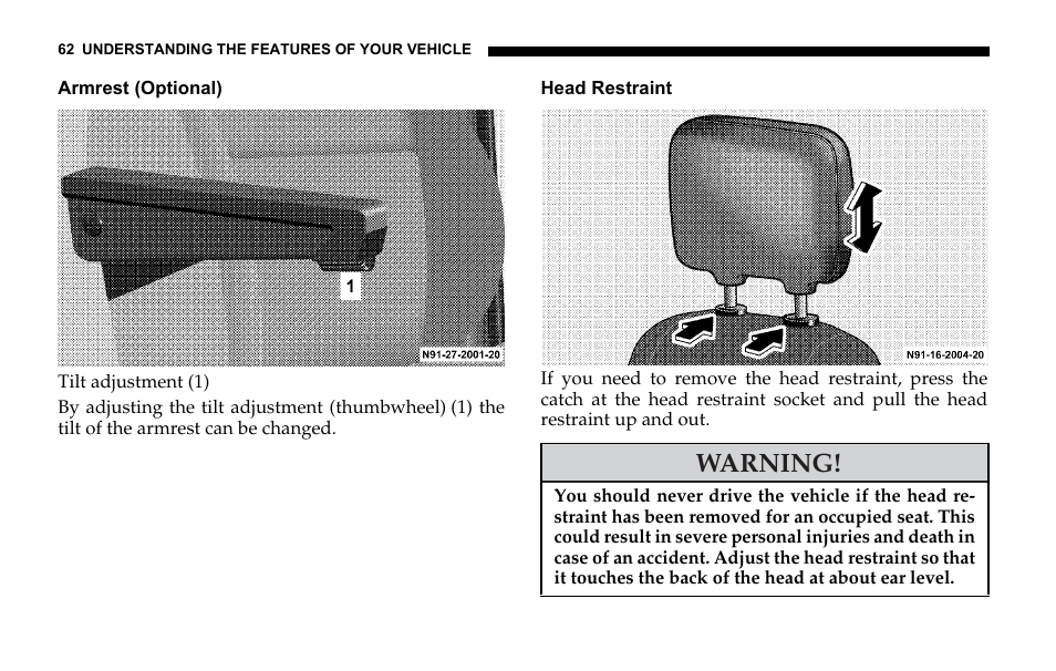 Armrest (optional), Head restraint, Warning | Dodge 2006 Sprinter Cargo User Manual | Page 62 / 330