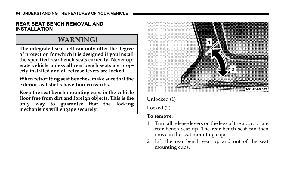 Rear seat bench removal and installation, Warning | Dodge 2006 Sprinter Cargo User Manual | Page 64 / 330