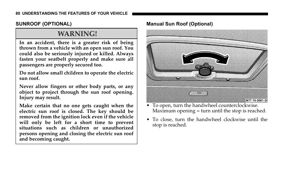 Sunroof (optional), Manual sun roof (optional), Warning | Dodge 2006 Sprinter Cargo User Manual | Page 80 / 330