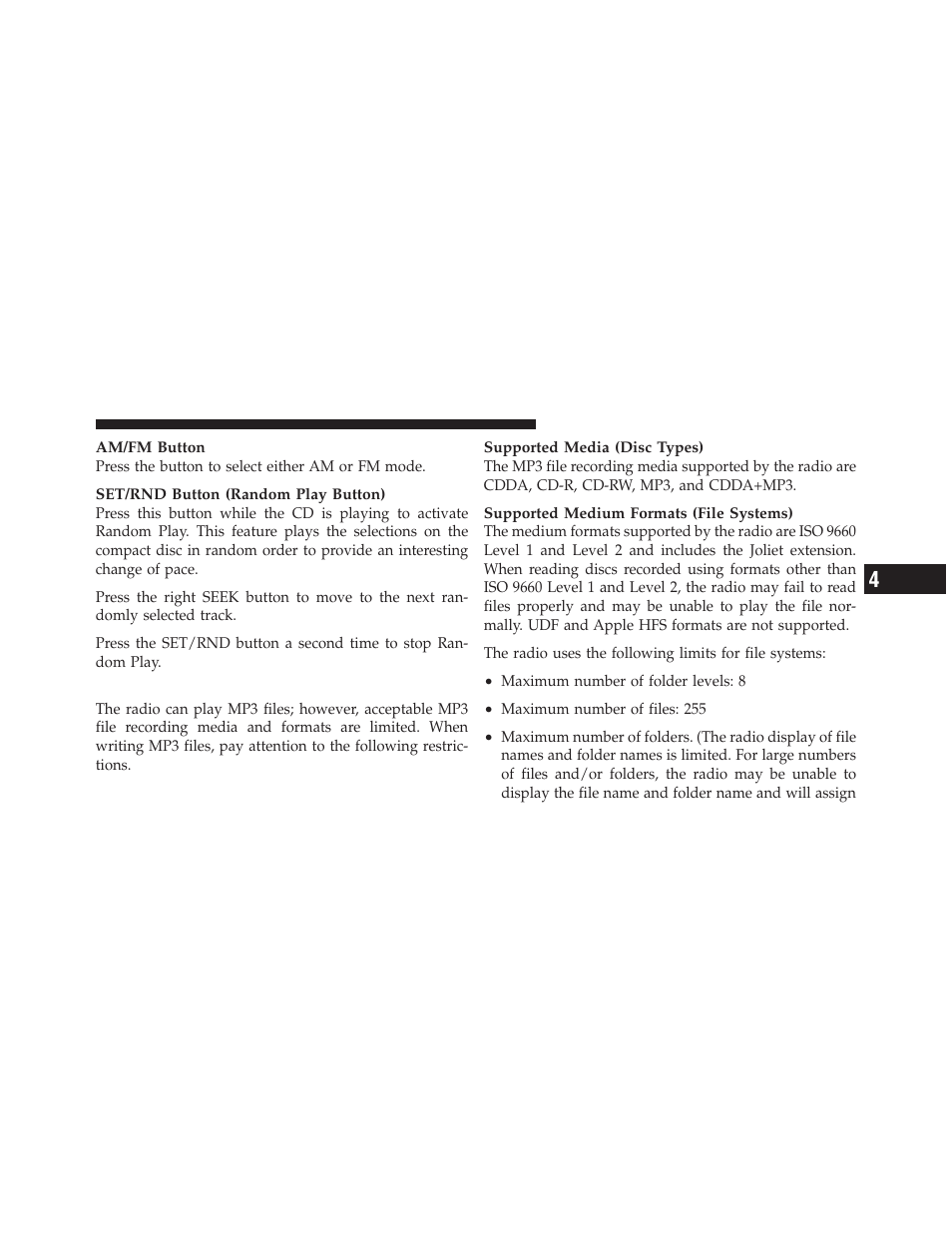 Notes on playing mp3 files, Operation instructions - auxiliary mode | Dodge 2010 Avenger User Manual | Page 212 / 448