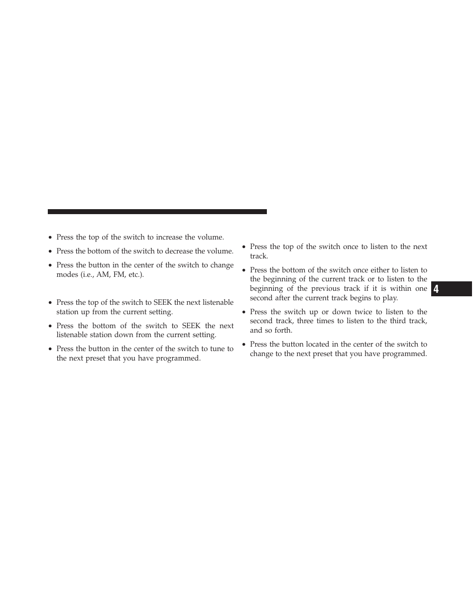Right-hand switch functions, Left-hand switch functions for radio operation, List button (cd mode for mp3 play) | Info button (cd mode for mp3 play) | Dodge 2010 Avenger User Manual | Page 224 / 448