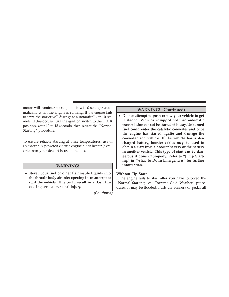 Extreme cold weather (below 20°f or 29°c), If engine fails to start | Dodge 2010 Avenger User Manual | Page 245 / 448