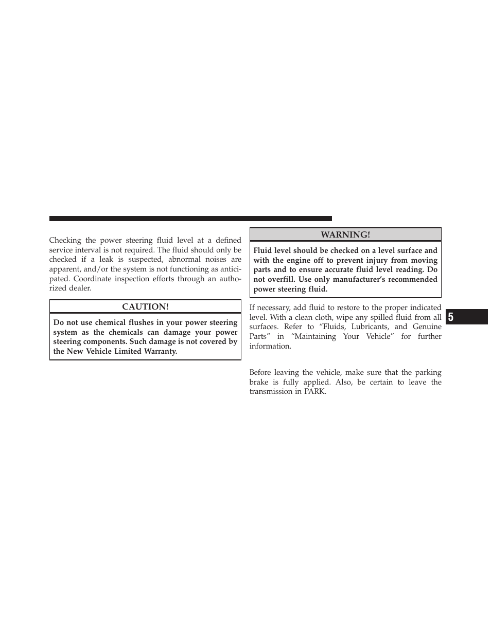 Power steering fluid check, Parking brake, Automatic transmission | Dodge 2010 Avenger User Manual | Page 260 / 448
