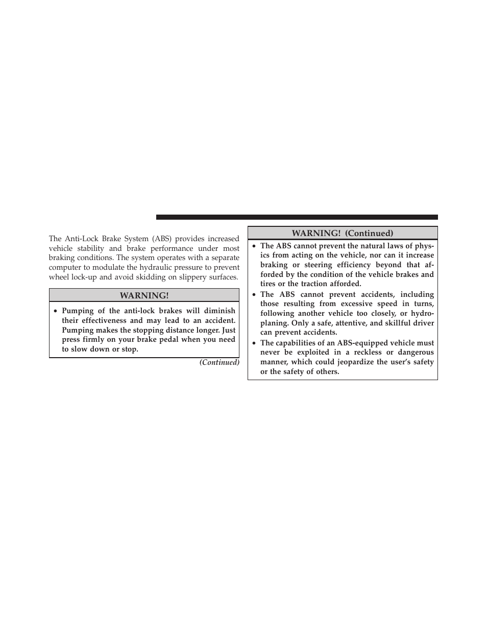 Anti-lock brake system (abs), Four–speed/six–speed automatic, Transmission — if equipped | Gear ranges | Dodge 2010 Avenger User Manual | Page 263 / 448
