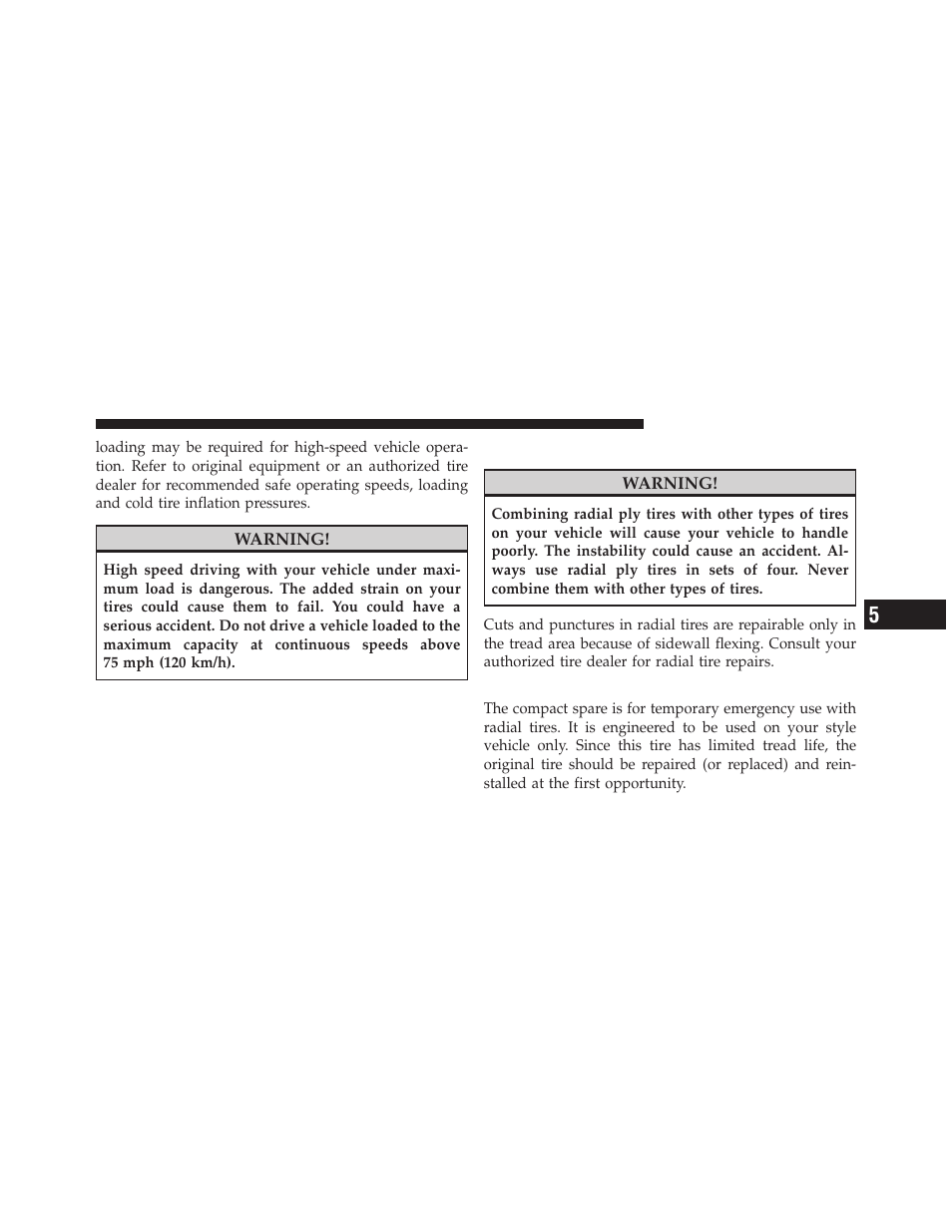 Radial-ply tires, Compact spare tire | Dodge 2010 Avenger User Manual | Page 286 / 448