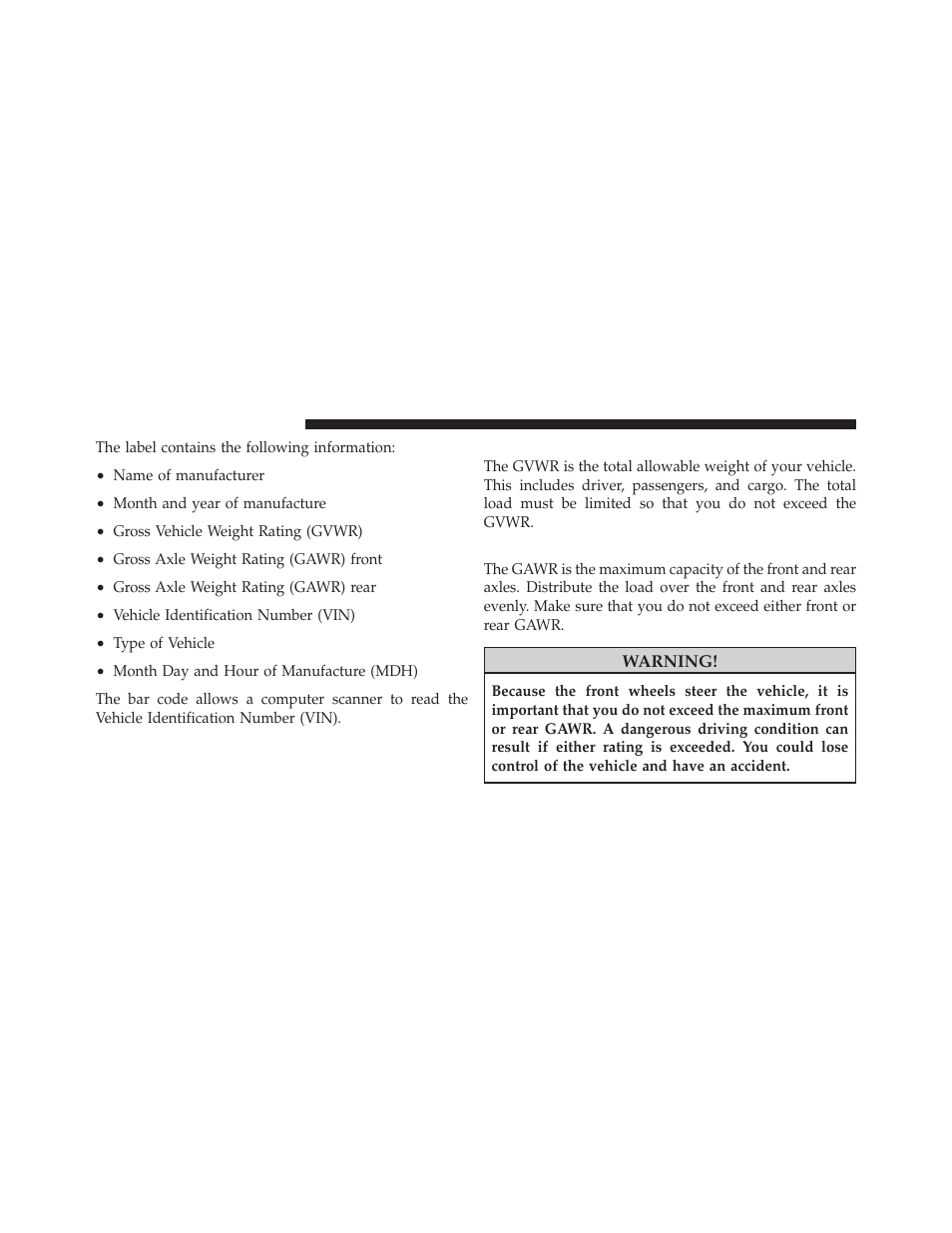 Gross vehicle weight rating (gvwr), Gross axle weight rating (gawr) | Dodge 2010 Avenger User Manual | Page 313 / 448