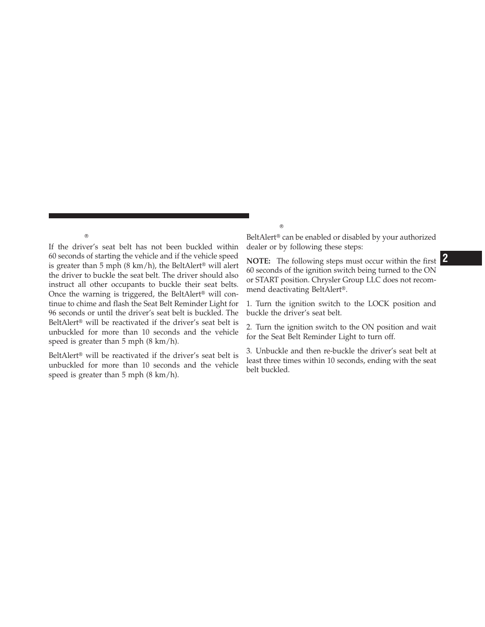 Enhanced seat belt use reminder system (beltalert), Beltalert programming | Dodge 2010 Avenger User Manual | Page 52 / 448