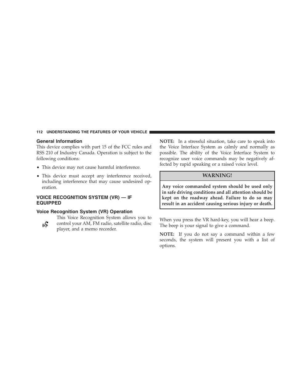 General information, Voice recognition system (vr) - if equipped, Voice recognition system (vr) operation | Dodge 2008 Charger SRT8 User Manual | Page 114 / 442