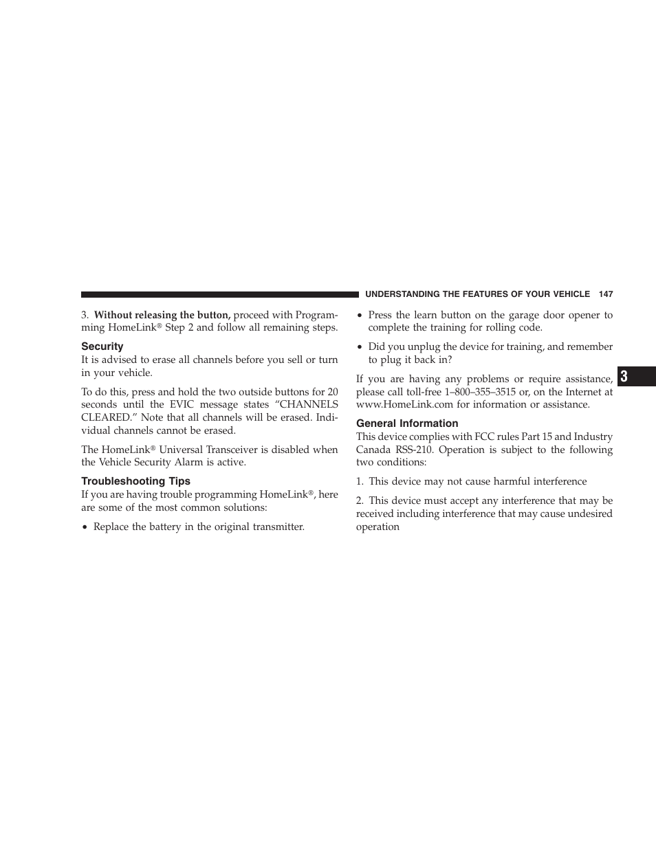 Security, Troubleshooting tips, General information | Gate operator/canadian programming | Dodge 2008 Charger SRT8 User Manual | Page 149 / 442