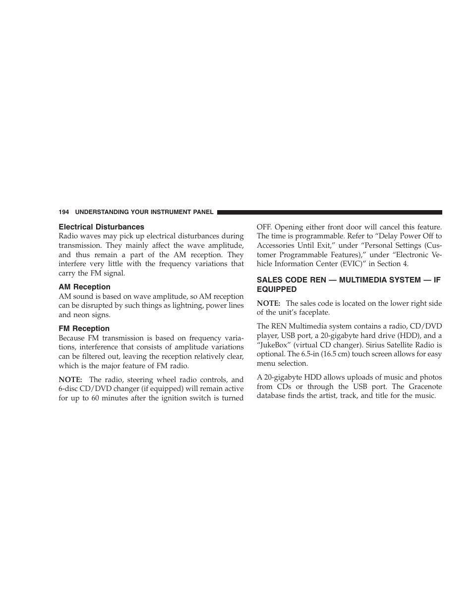 Electrical disturbances, Am reception, Fm reception | Sales code ren - multimedia system - if equipped | Dodge 2008 Charger SRT8 User Manual | Page 196 / 442