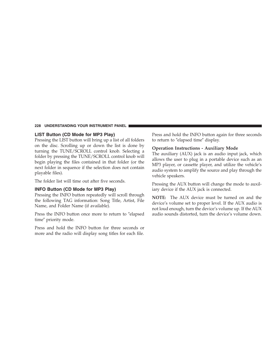 List button (cd mode for mp3 play), Info button (cd mode for mp3 play) | Dodge 2008 Charger SRT8 User Manual | Page 230 / 442