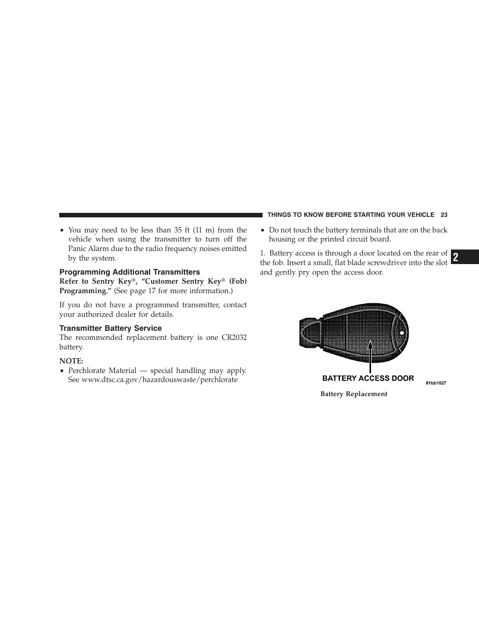 Programming additional transmitters, Transmitter battery service | Dodge 2008 Charger SRT8 User Manual | Page 25 / 442