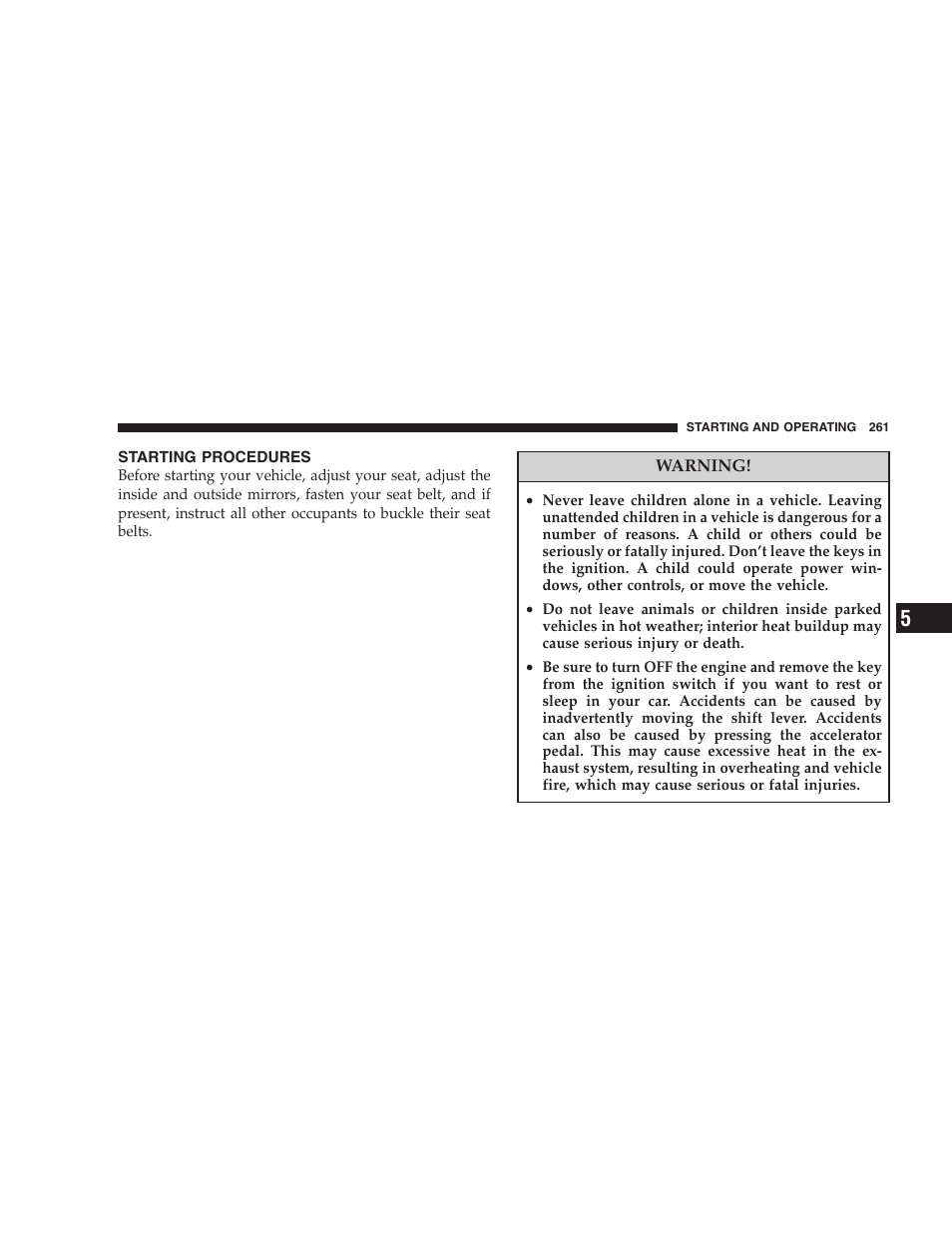 Starting procedures, Starting and operating | Dodge 2008 Charger SRT8 User Manual | Page 263 / 442