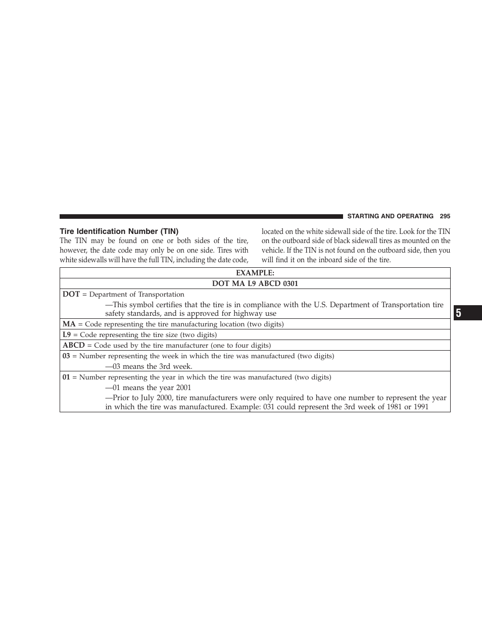 Tire identification number (tin) | Dodge 2008 Charger SRT8 User Manual | Page 297 / 442