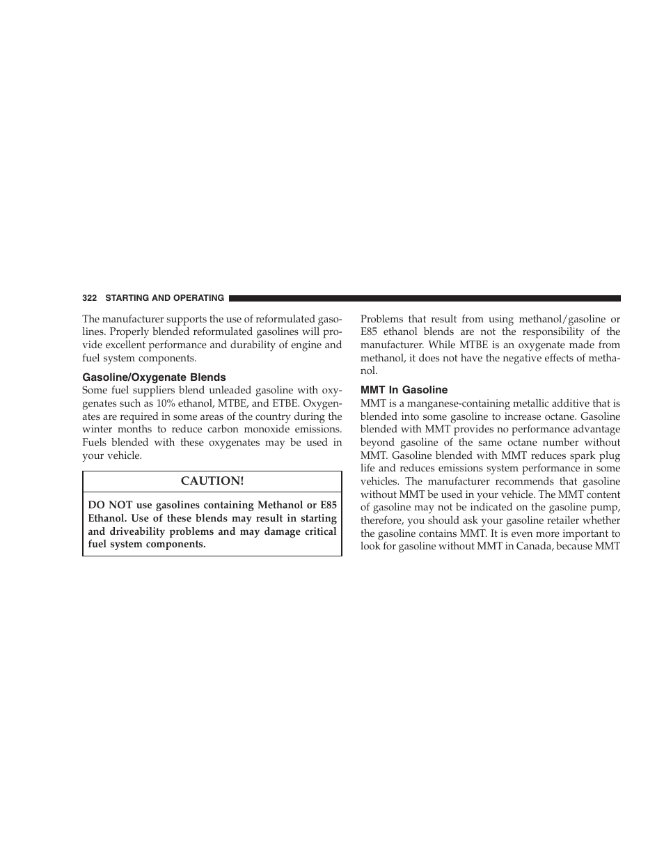 Gasoline/oxygenate blends, Mmt in gasoline | Dodge 2008 Charger SRT8 User Manual | Page 324 / 442